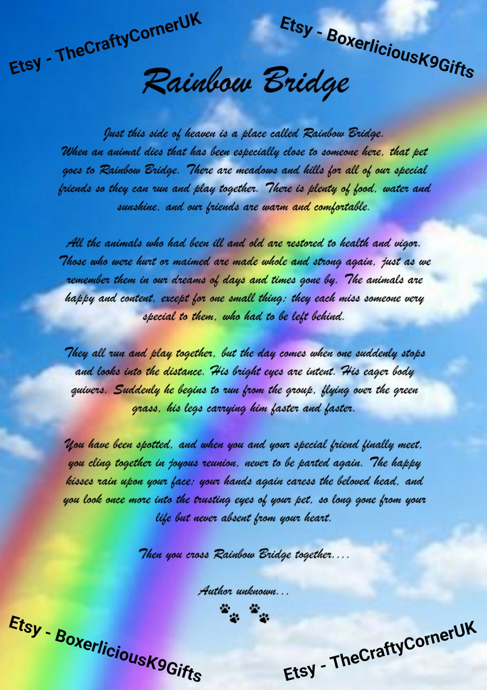 Rainbow Bridge Gedicht Pet Loss Memorial Trauerfall Bild Hund Etc - Männliches Haustier - Pdf Download - Print At Home. within Rainbow Bridge For Dogs Printable