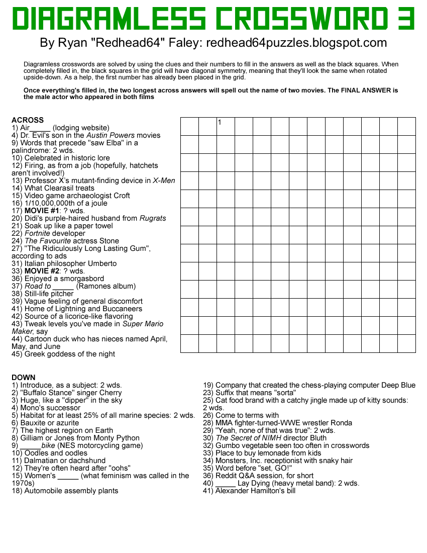 Redhead64&amp;#039;S Obscure Puzzle Blog!: Puzzle #227: Diagramless Crossword 3 for Diagramless Crossword Printable