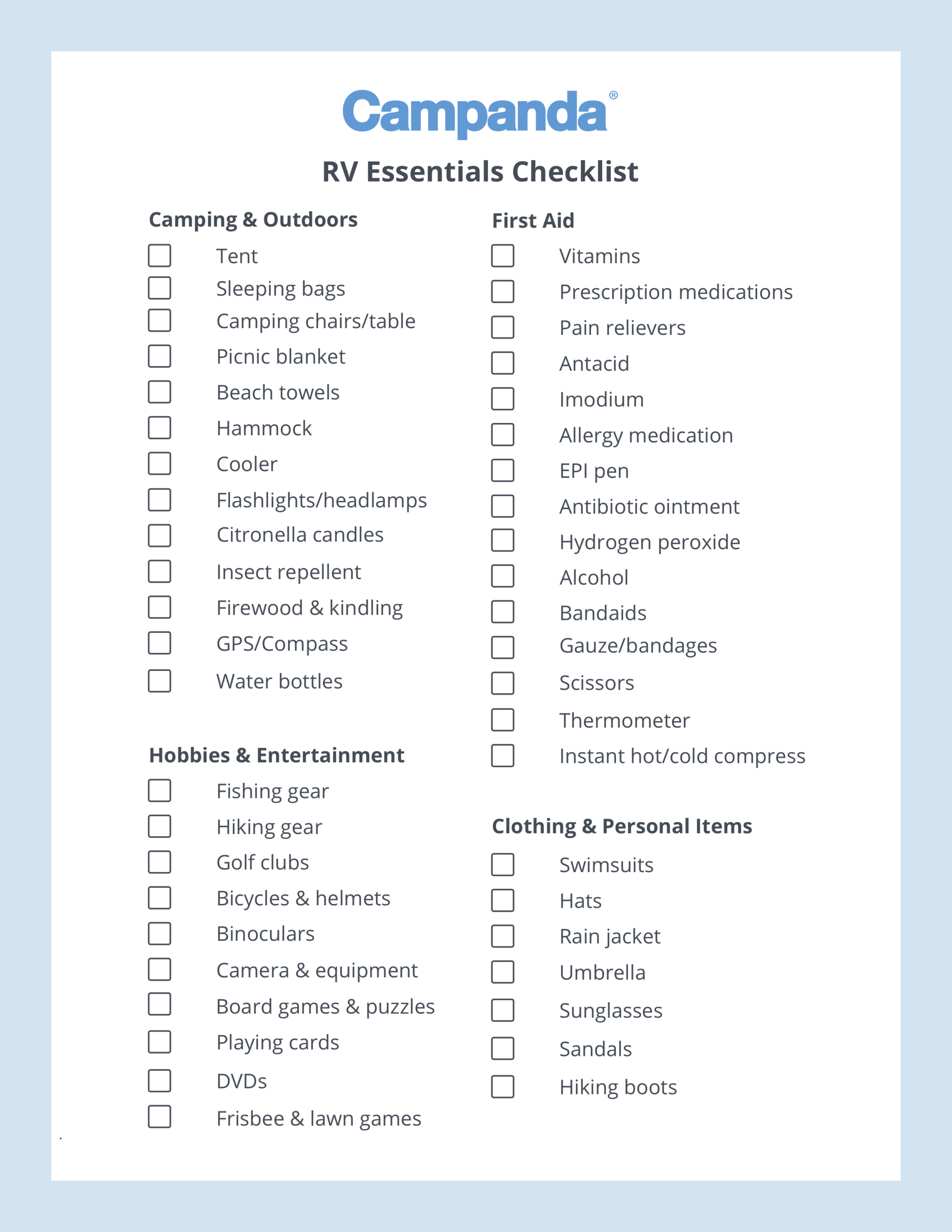 Rv Checklists: 6 Printable Packing Lists | Campanda regarding Free Printable Rv Inspection Checklist