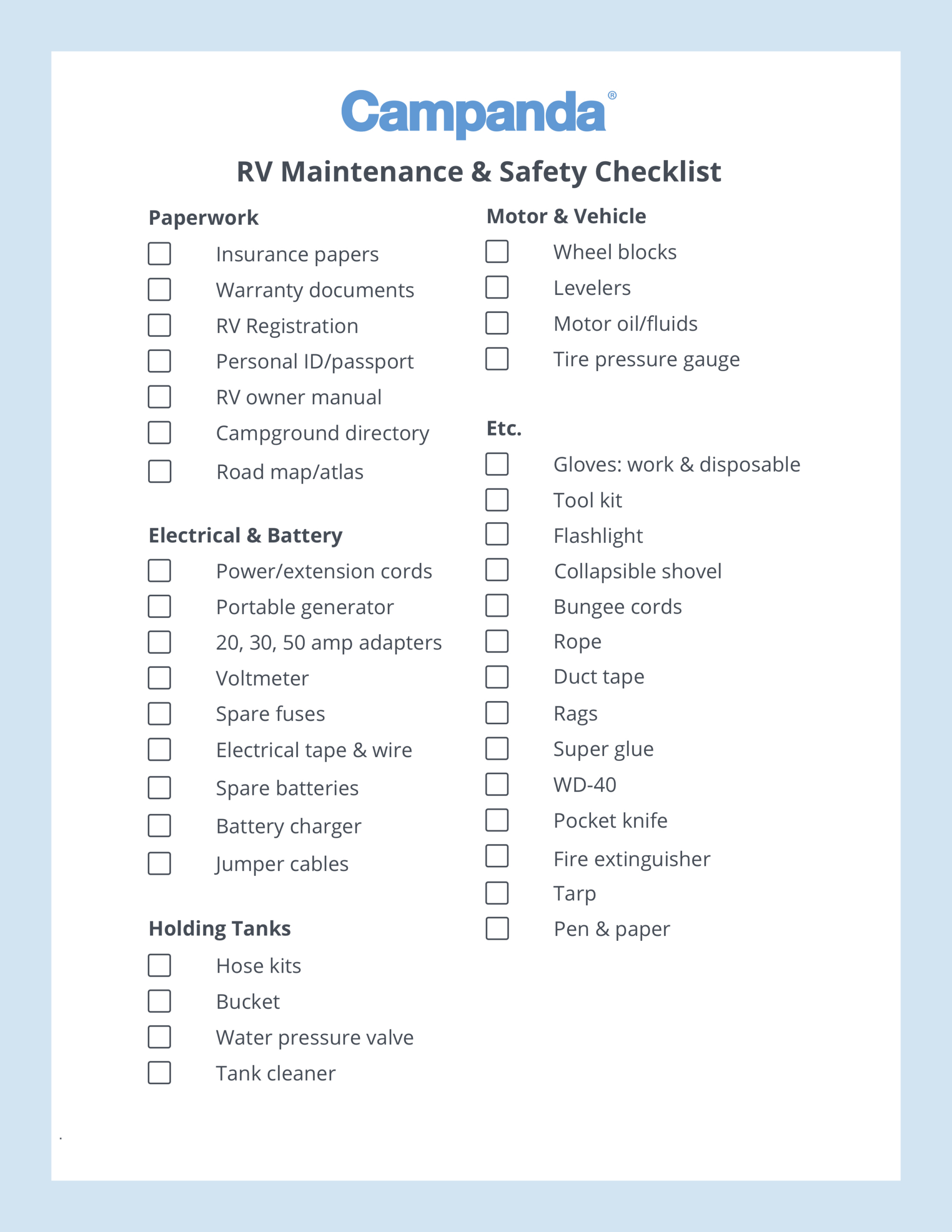 Rv Checklists: 6 Printable Packing Lists | Campanda with Free Printable Rv Departure Checklist