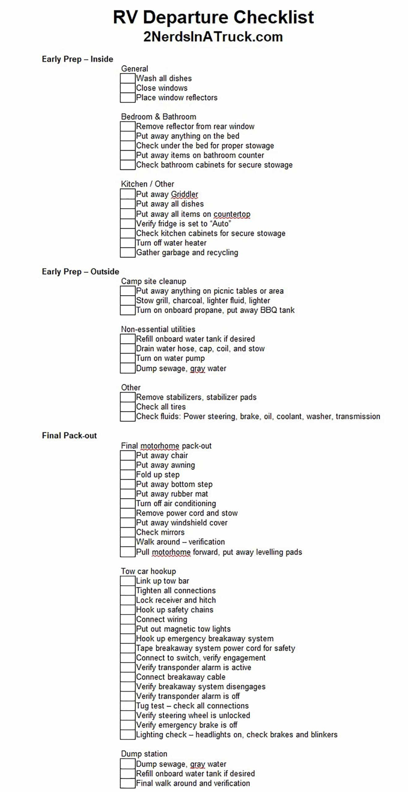 Rv Departure Checklist &amp;amp; Best Tear Down Tips - 2 Nerds In A Truck intended for Free Printable Rv Departure Checklist