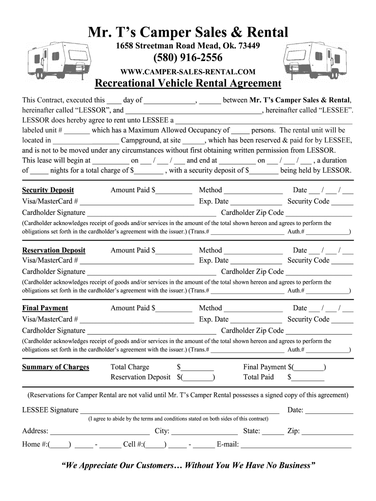 Rv Space Rental Agreement Template - Fill Online, Printable with Free Printable Rv Rental Agreement