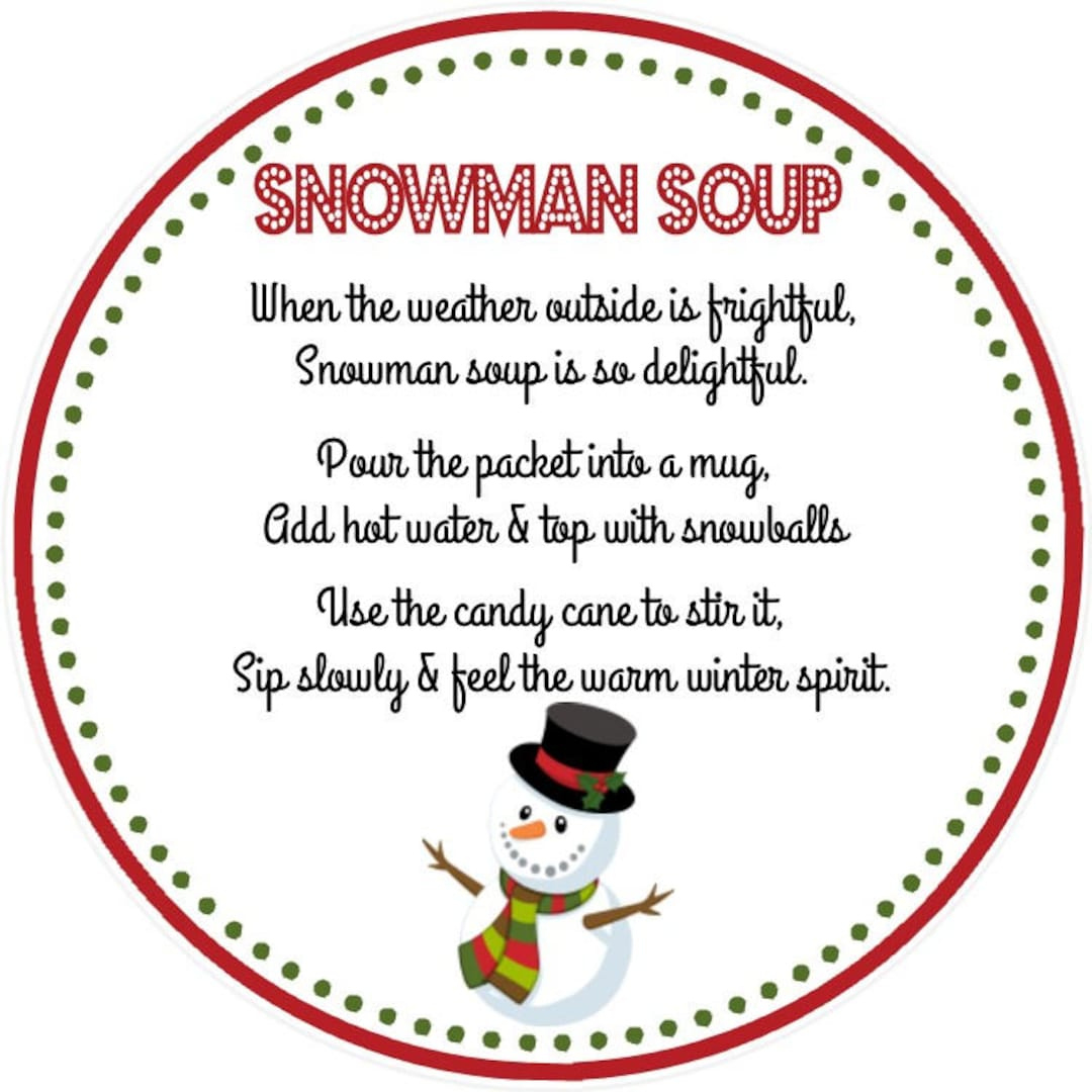 Snowman Soup Favor Tag - Script Font - Printable File - Instant throughout Free Printable Snowman Soup Poem Printable