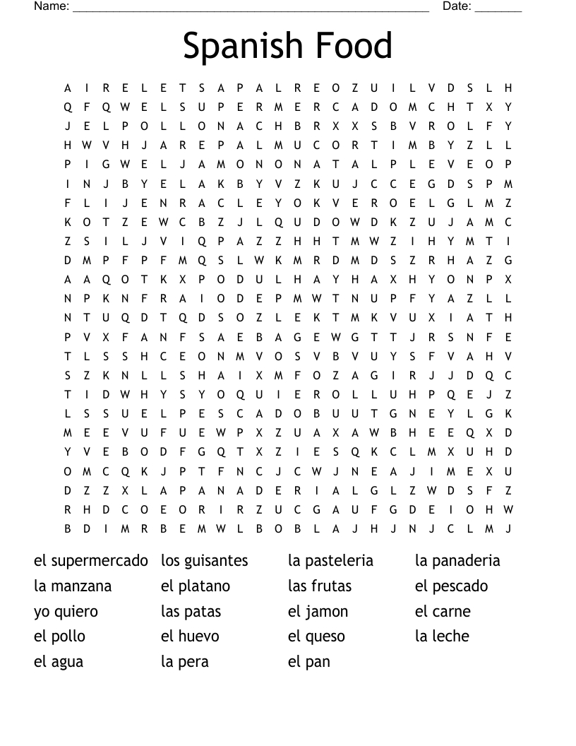 Spanish Food Word Search - Wordmint for Free Printable Word Search in Spanish