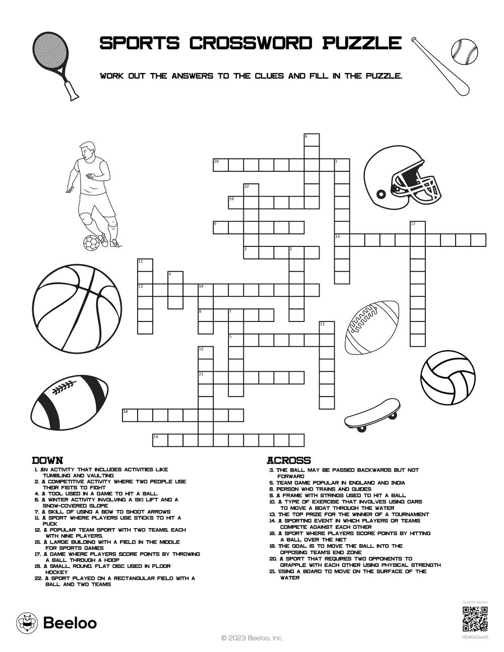 Sports Crossword Puzzle • Beeloo Printable Crafts And Activities inside Printable Crossword Puzzles Sports