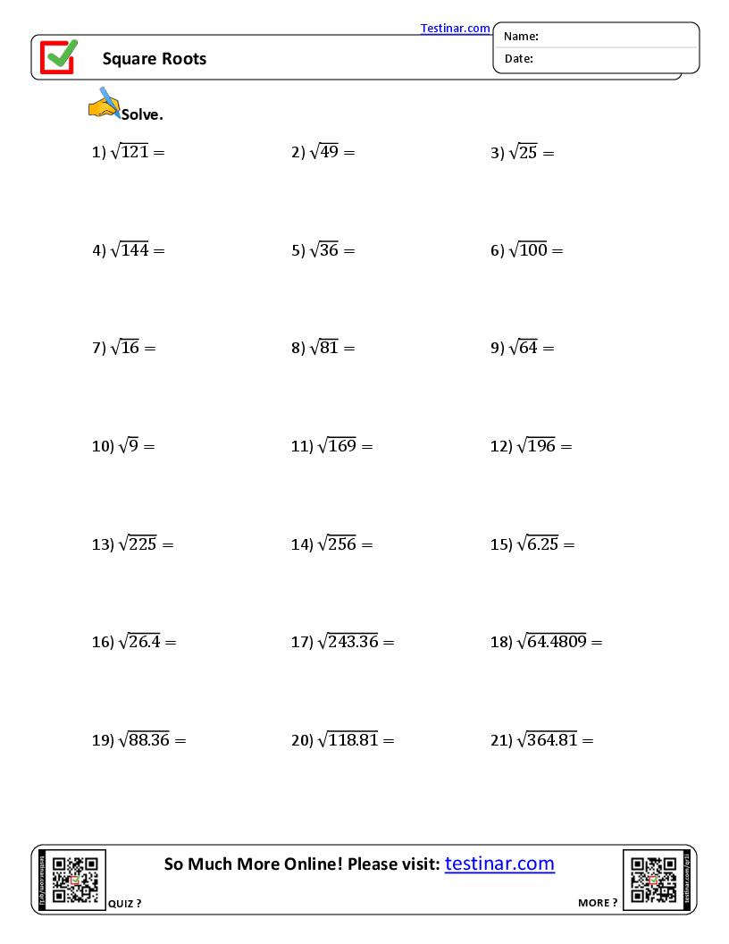 Square Roots Worksheets throughout Free Printable Square Root Worksheets