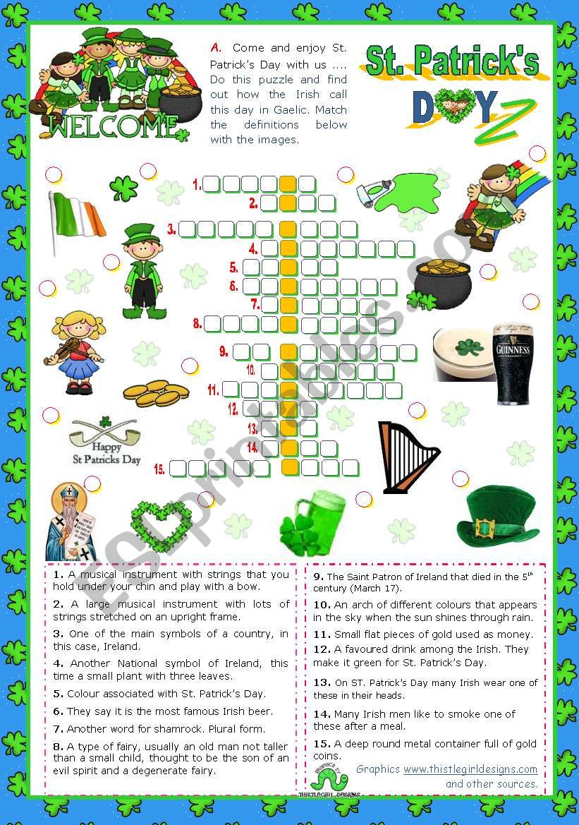St. Patrick´s Day Set (4) - Crossword Puzzle - Esl Worksheetmena22 with regard to St Patrick&amp;amp;#039;s Day Crossword Puzzles Printable
