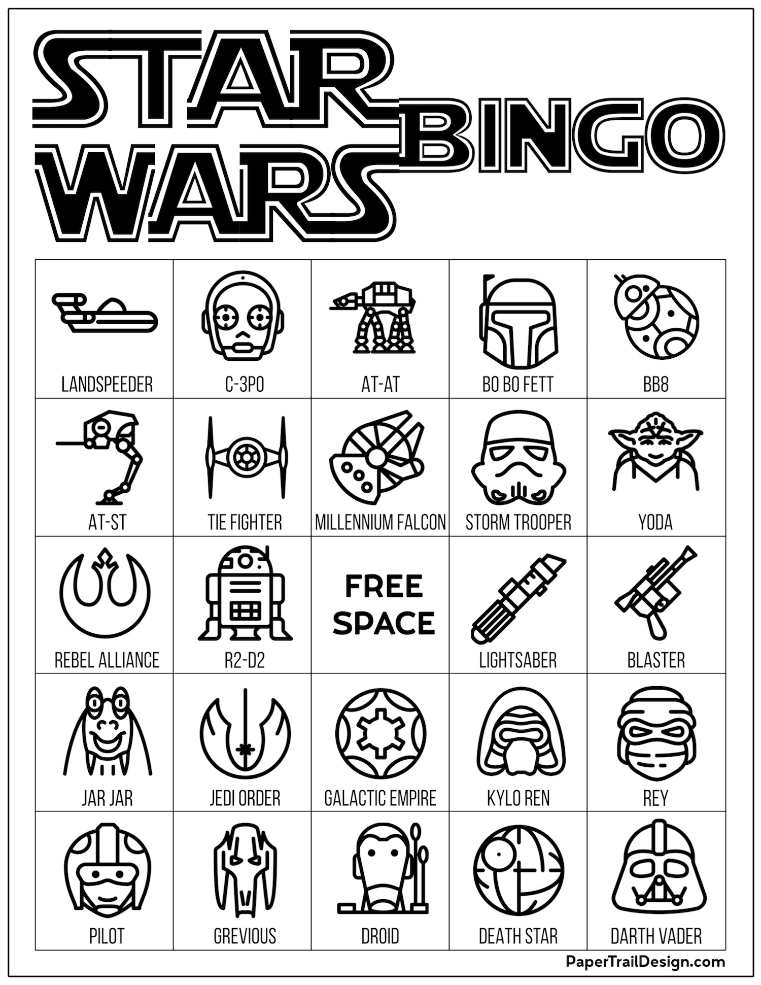 Star Wars Bingo {Free Printable Party Game} - Paper Trail Design with regard to Star Wars Bingo Printable
