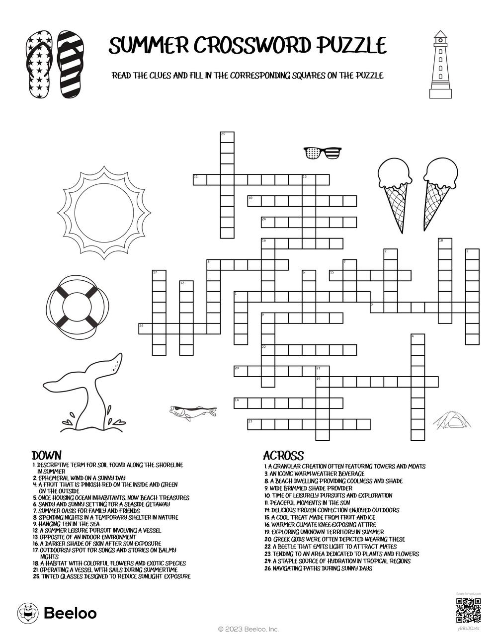 Summer Crossword Puzzle • Beeloo Printable Crafts And Activities inside Summer Crossword Puzzle Printable