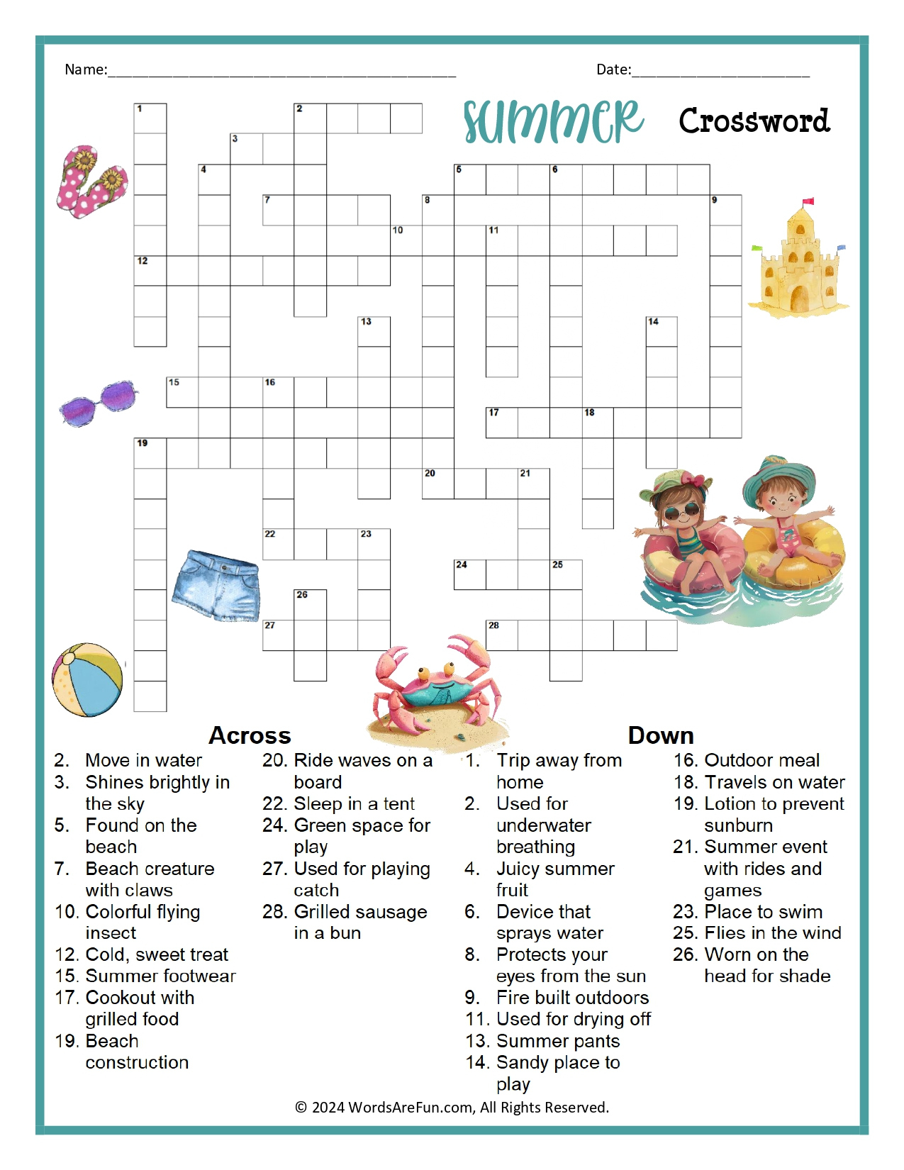 Summer Crossword Puzzle intended for Summer Crossword Puzzle Printable