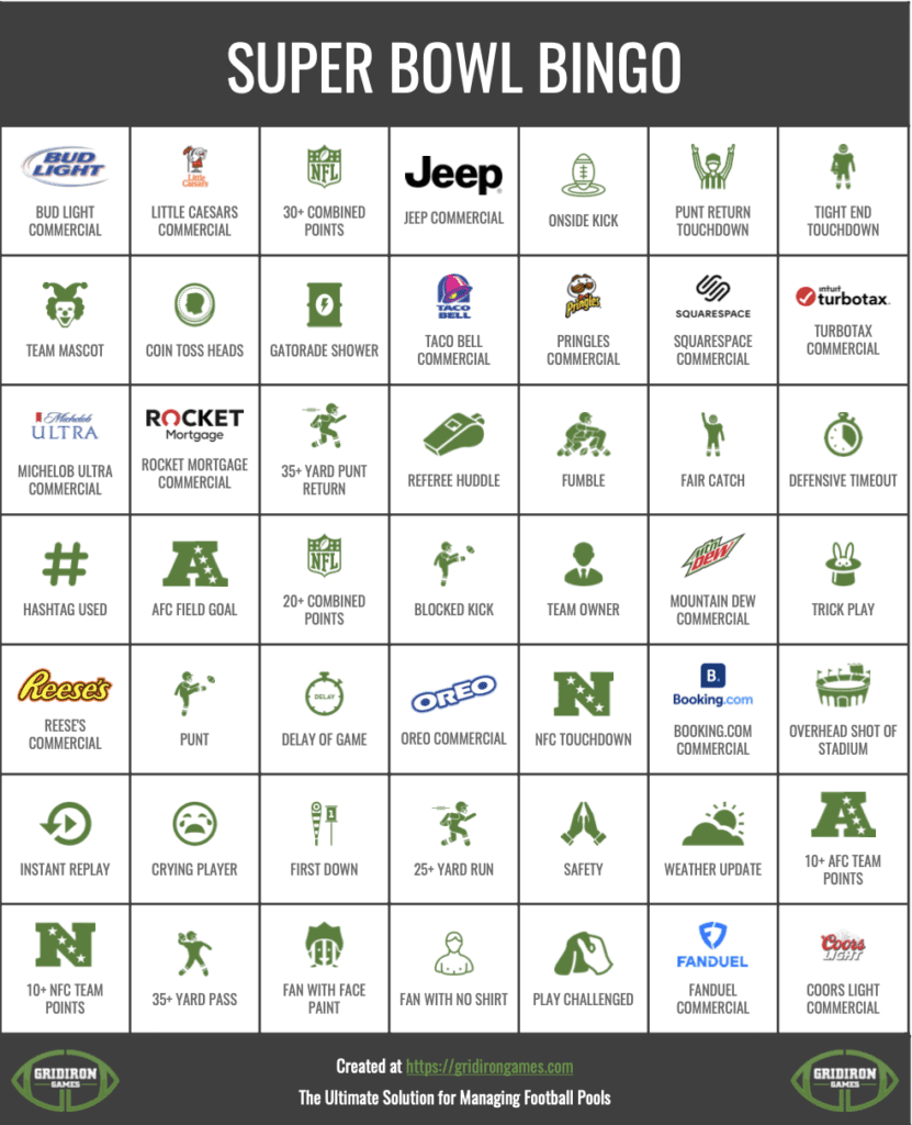 Super Bowl Bingo 2025 Free Printable Cards - Commercial Bingo in Free Superbowl Bingo Cards