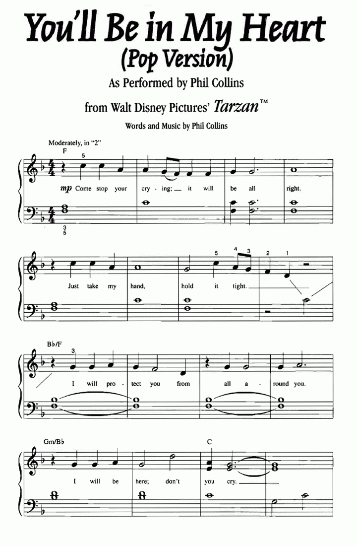 Tarzan You&amp;#039;Ll Be In My Heart Easy Piano Sheet Music | Easy Sheet Music with Easy Sheet Music For Piano Free Printable