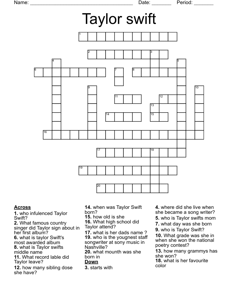Taylor Swift Crossword - Wordmint for Taylor Swift Crossword Printable