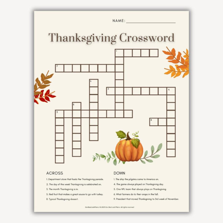 Printable Thanksgiving Crossword Puzzles