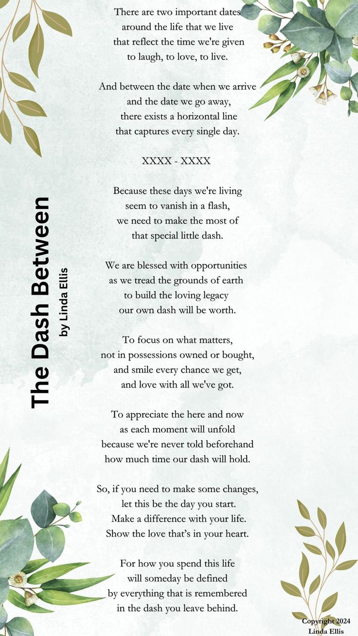 The Dash Between (Poemlinda Ellis, Author Of The Original &amp;quot;The intended for Printable the Dash Poem