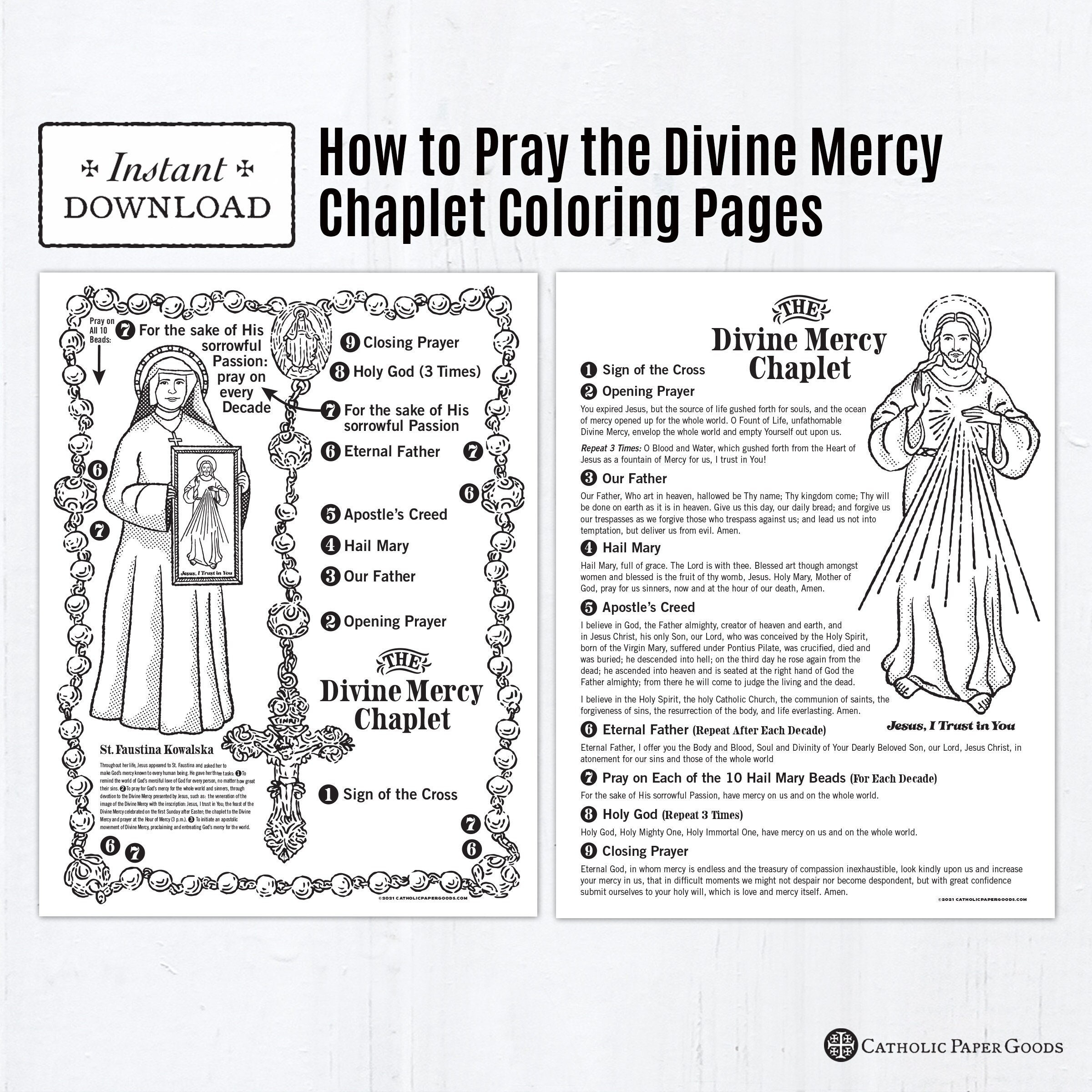 The Divine Mercy Chaplet Catholic Coloring Pages, Catholic Prayers, 2 Printable Coloring Pages, Digital Pdf in Free Printable Divine Mercy Chaplet