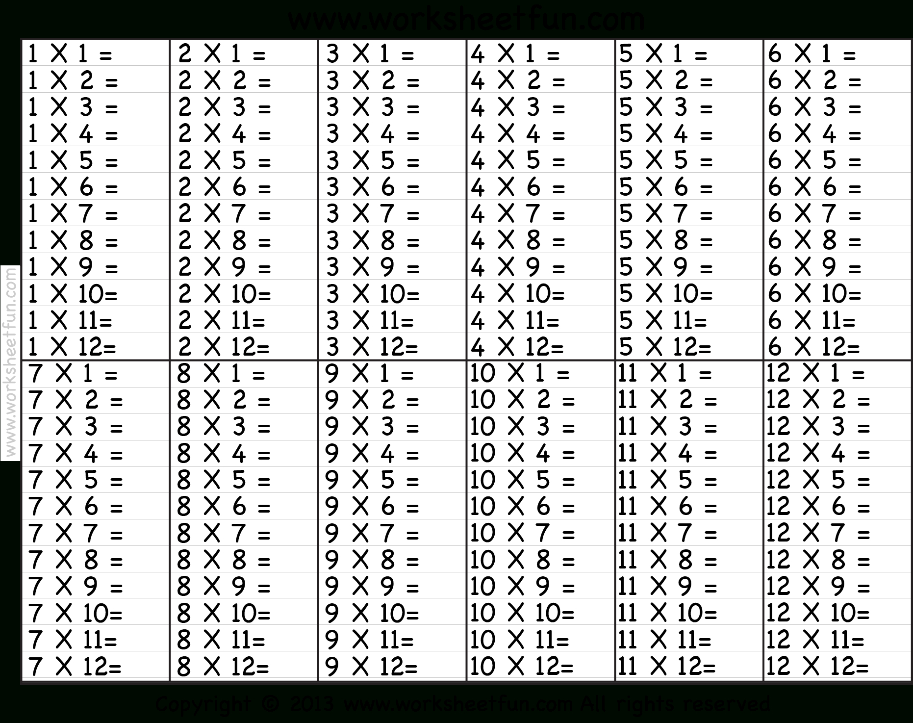 Times Table – 2-12 Worksheets – 1, 2, 3, 4, 5, 6, 7, 8, 9, 10, 11 inside Free Printable Times Tables Worksheets 1 12
