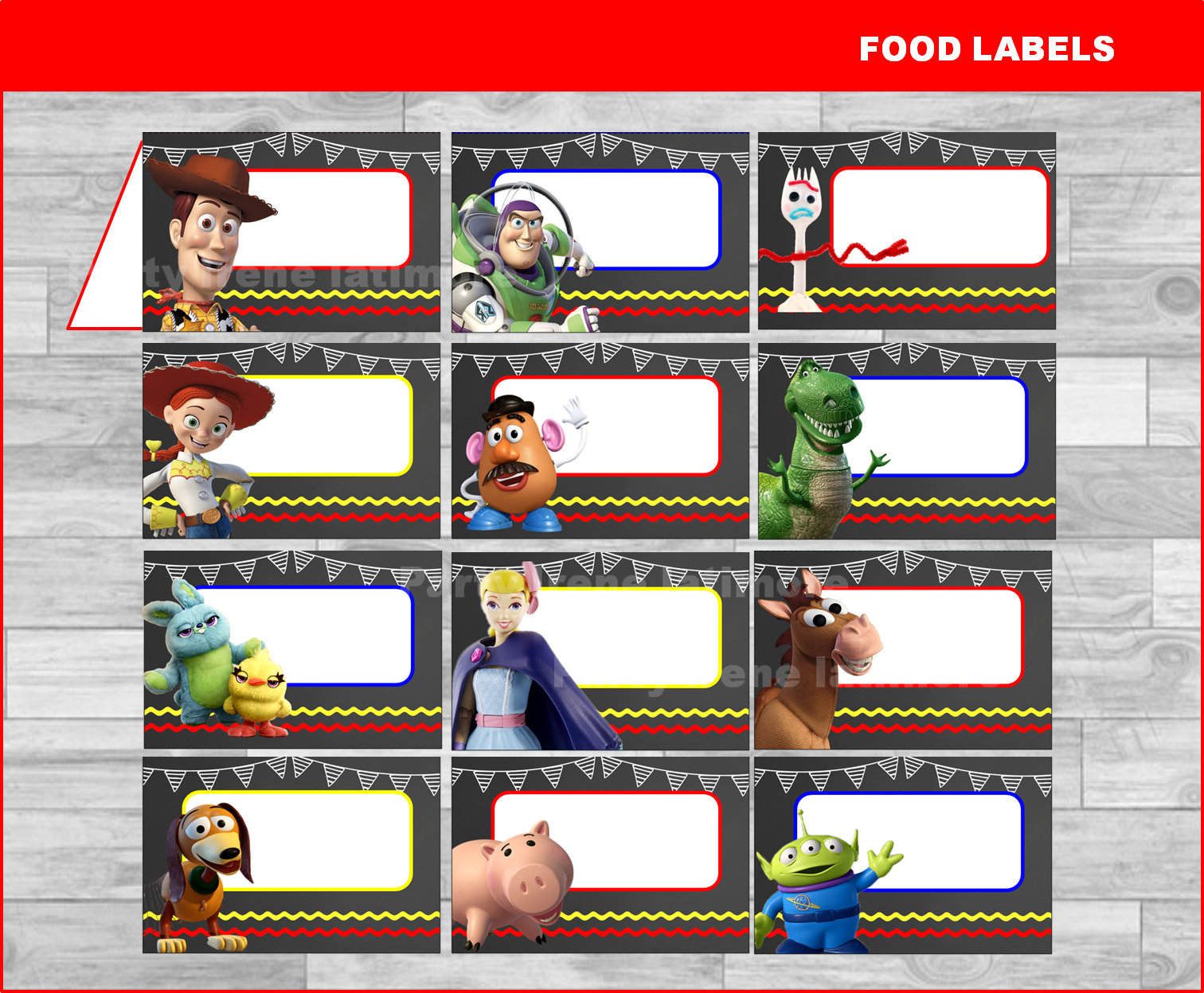 Toy Story 4 Food Labels Instant Download, Toy Story Chalkboard with Free Printable Toy Story Labels