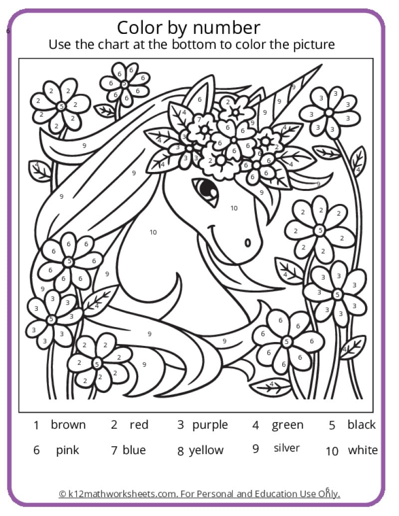 Unicorn Colornumber Pages - K12 Math Worksheets for Color By Code Worksheet Printable