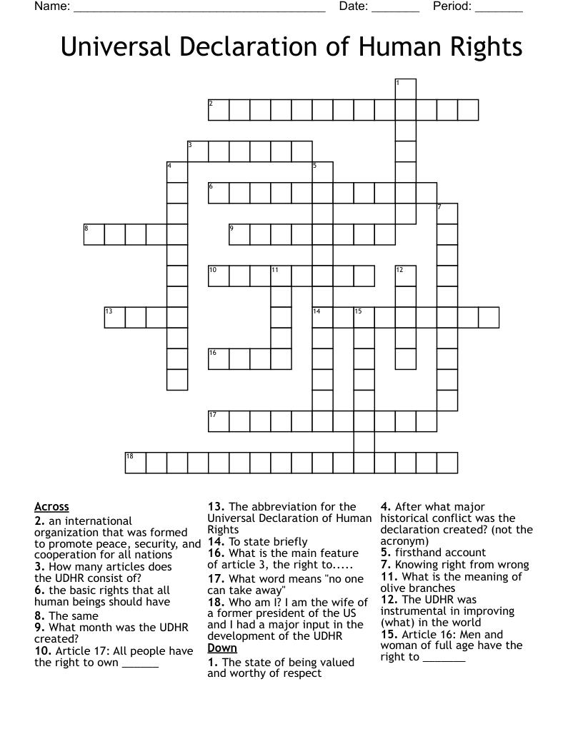 Universal Declaration Of Human Rights Crossword - Wordmint inside Universal Crosswords Printable