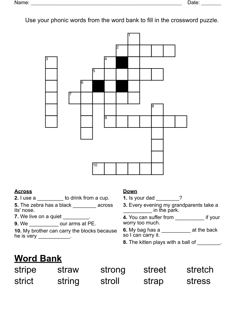 Use Your Phonic Words From The Word Bank To Fill In The Crossword pertaining to Crossword Puzzles Printable With Word Bank