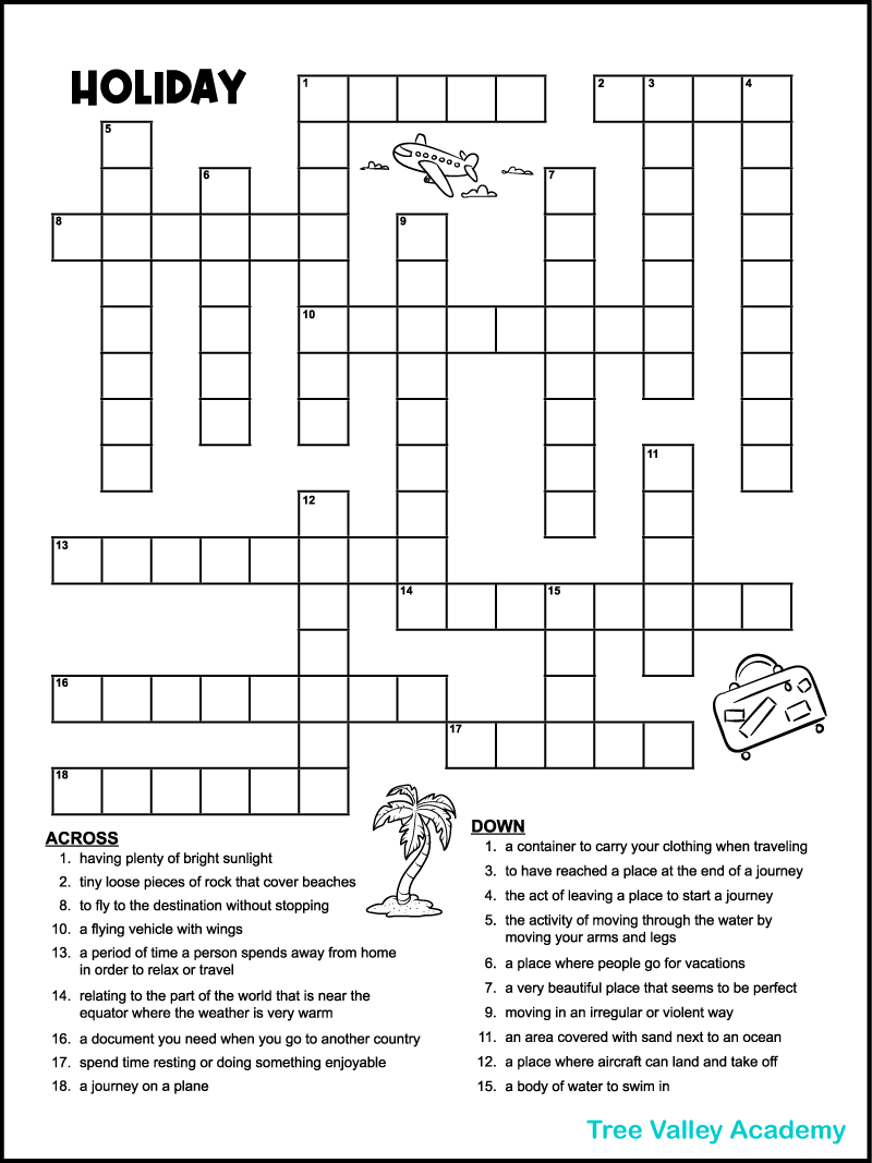 Vacation Crossword Puzzles - Tree Valley Academy throughout Holiday Crosswords Printable