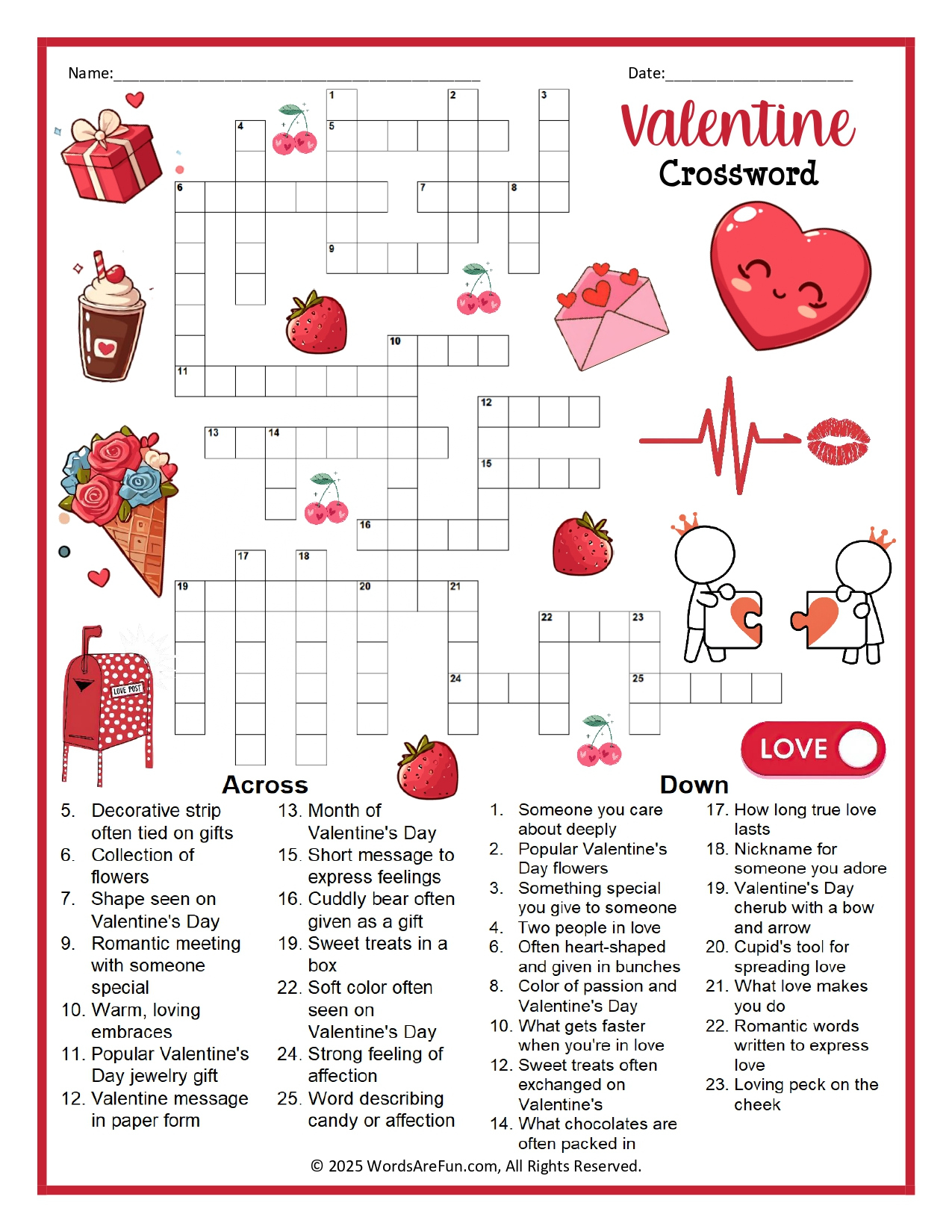 Valentine Crossword Puzzle with regard to Valentine Crosswords Printable