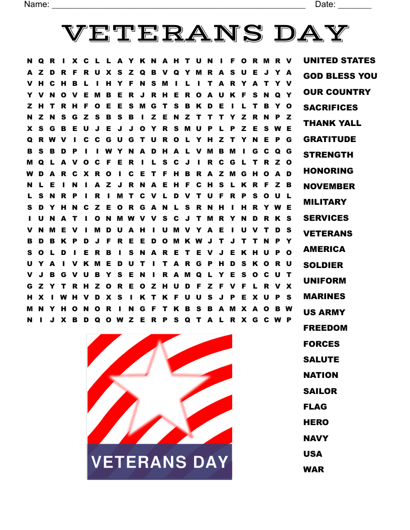 Veterans Day Word Search - Wordmint in Free Printable Veterans Day Word Search