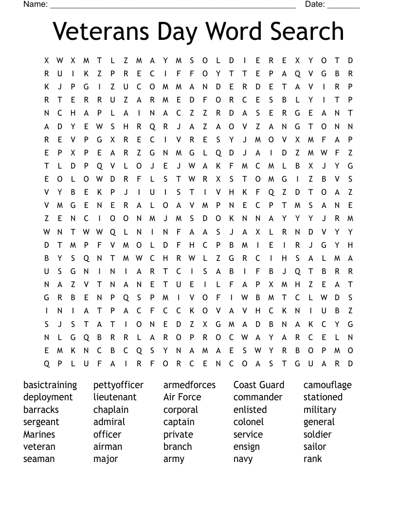 Veterans Day Word Search - Wordmint regarding Free Printable Veterans Day Word Search