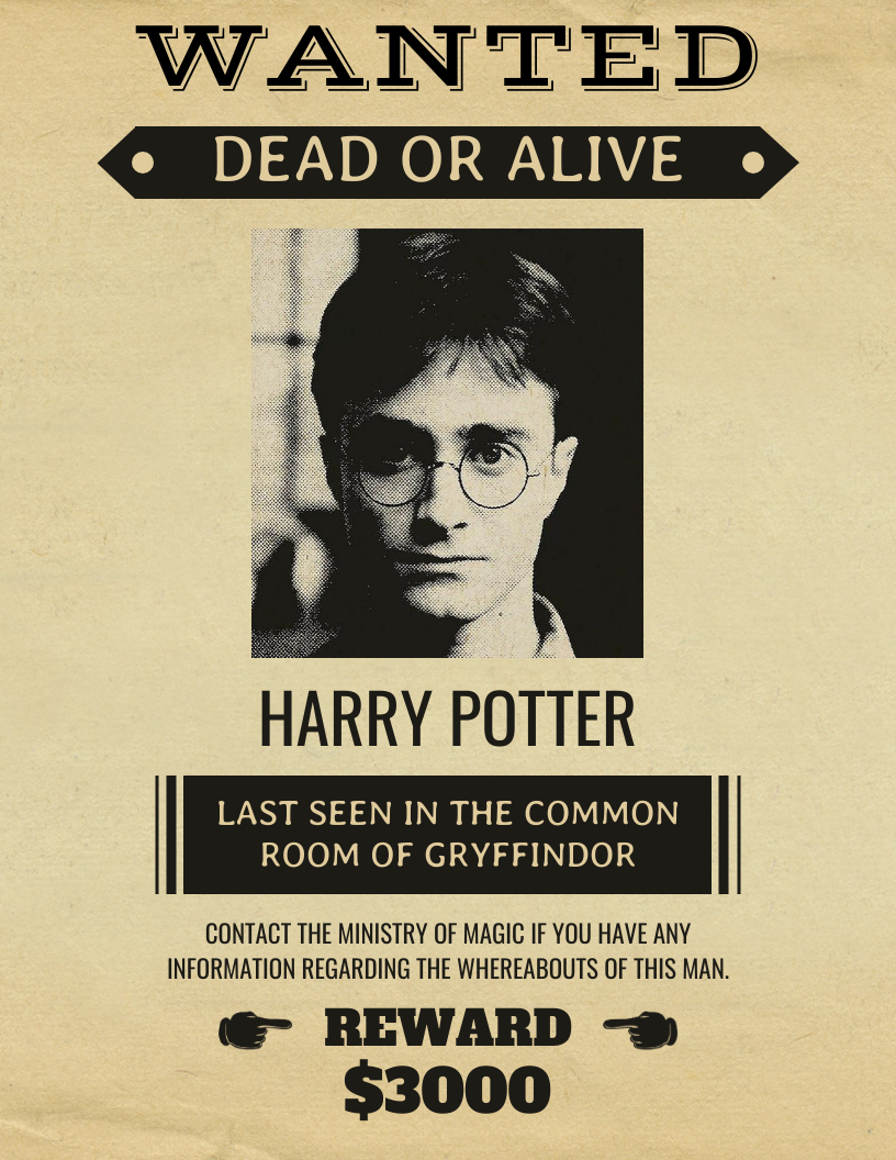 Vintage Harry Potter Wanted Poster - Venngage intended for Harry Potter Wanted Poster Free Printable