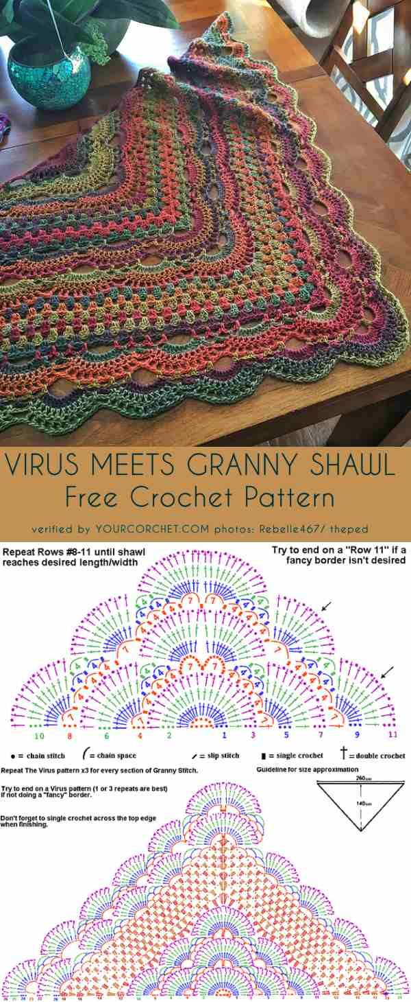 Virus Meet Granny Shawl Free Crochet Pattern with regard to Free Printable Crochet Virus Shawl Pattern