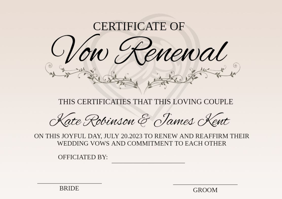 Vow Renewal Certificate Editable Printable Wedding Certificate for Free Printable Renewal Of Vows Certificate