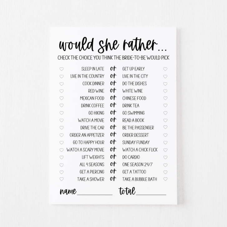 Would She Rather Bridal Shower Game Free Printable