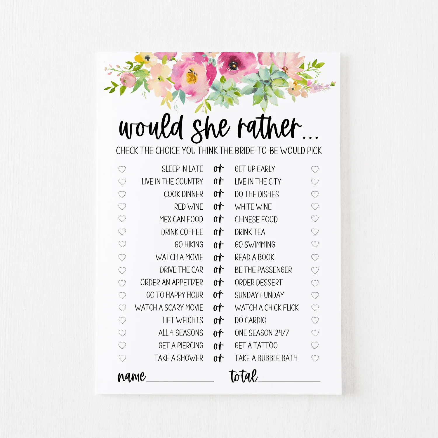 Would She Rather Cards (Succulent) - Modern Moh throughout Would She Rather Bridal Shower Game Free Printable