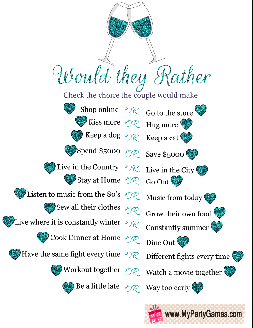 Would They Rather? Free Printable Anniversary Party Game inside Anniversary Party Games Printable