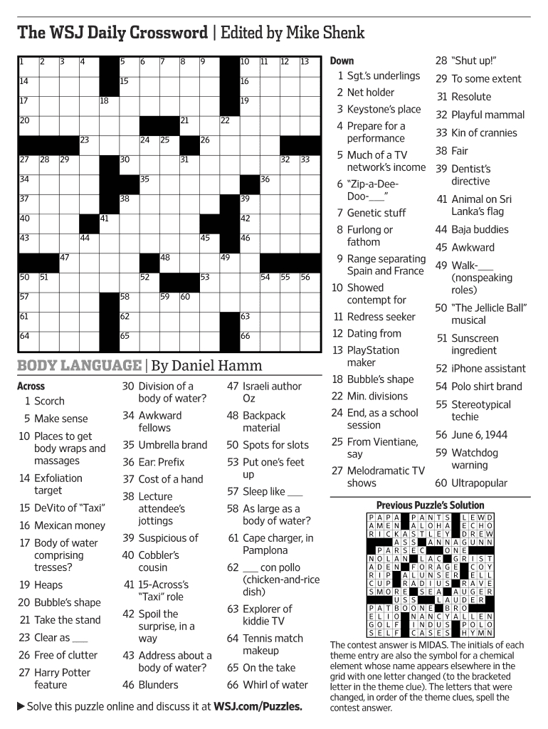 Wsj Crossword Puzzle Answers Today Pdf Download - Fill Online with regard to Wall Street Journal Crossword Printable