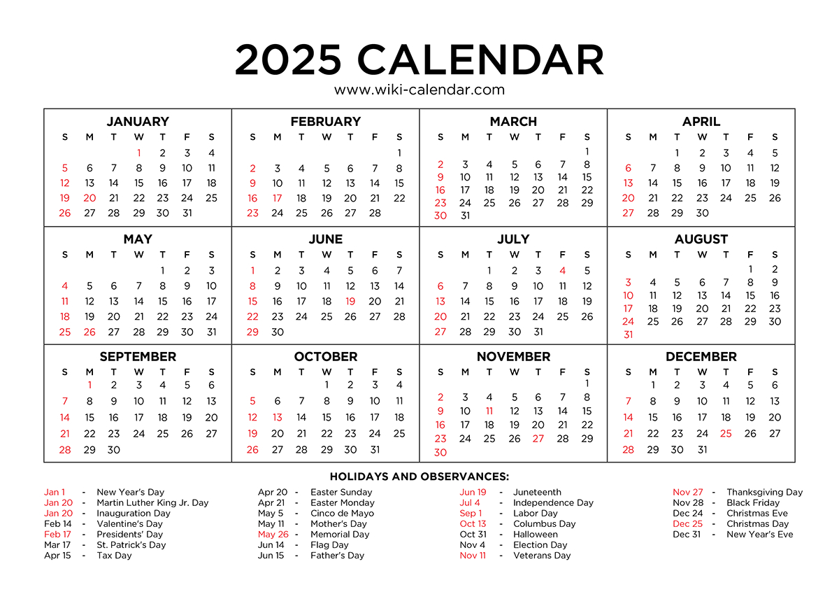 Year 2025 Calendar Printable With Holidays - Wiki Calendar in Free Printable Calendar 2025 Wiki