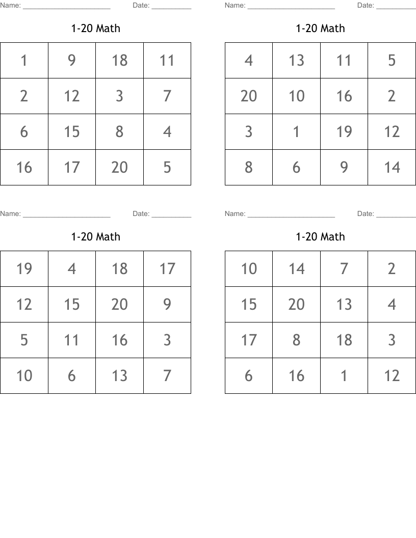 1-20 Math Bingo Cards - Wordmint with regard to Math Bingo Card Maker