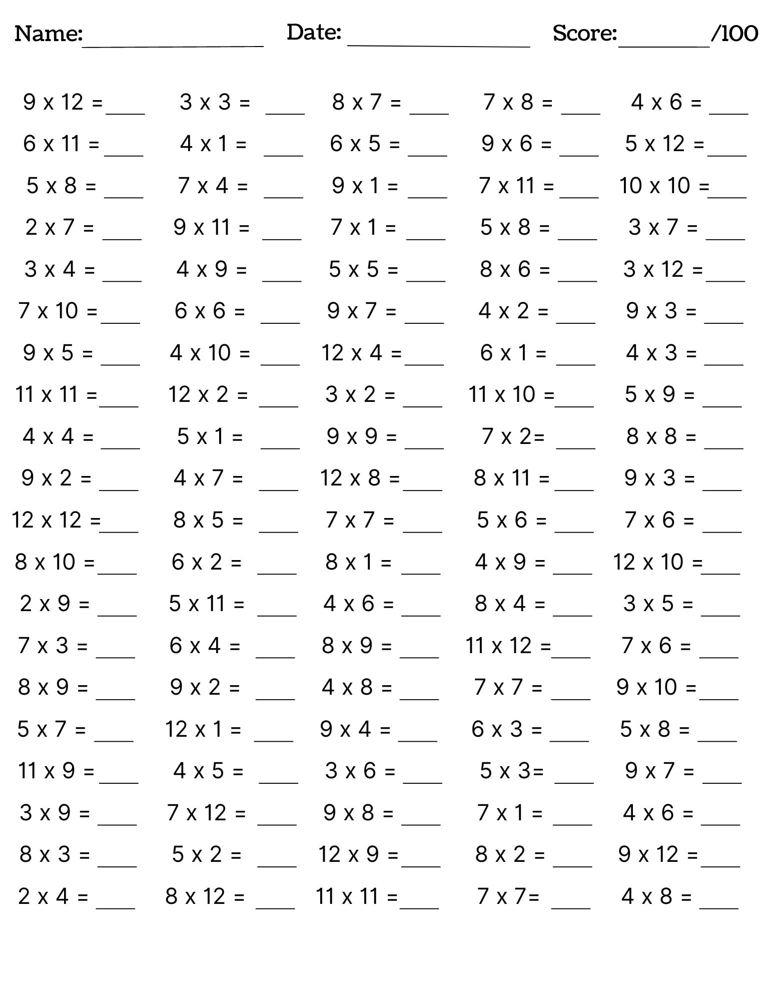 10 Printable Multiplication Worksheets, Fill In The Blanks inside Free Printable Multiplication Worksheets
