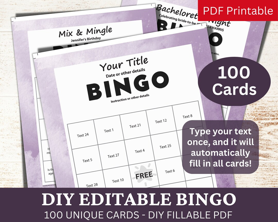 100 Editable Bingo Watercolor Purple Template Pdf, Diy Fillable with regard to Sssniperwolf Bingo Card Generator