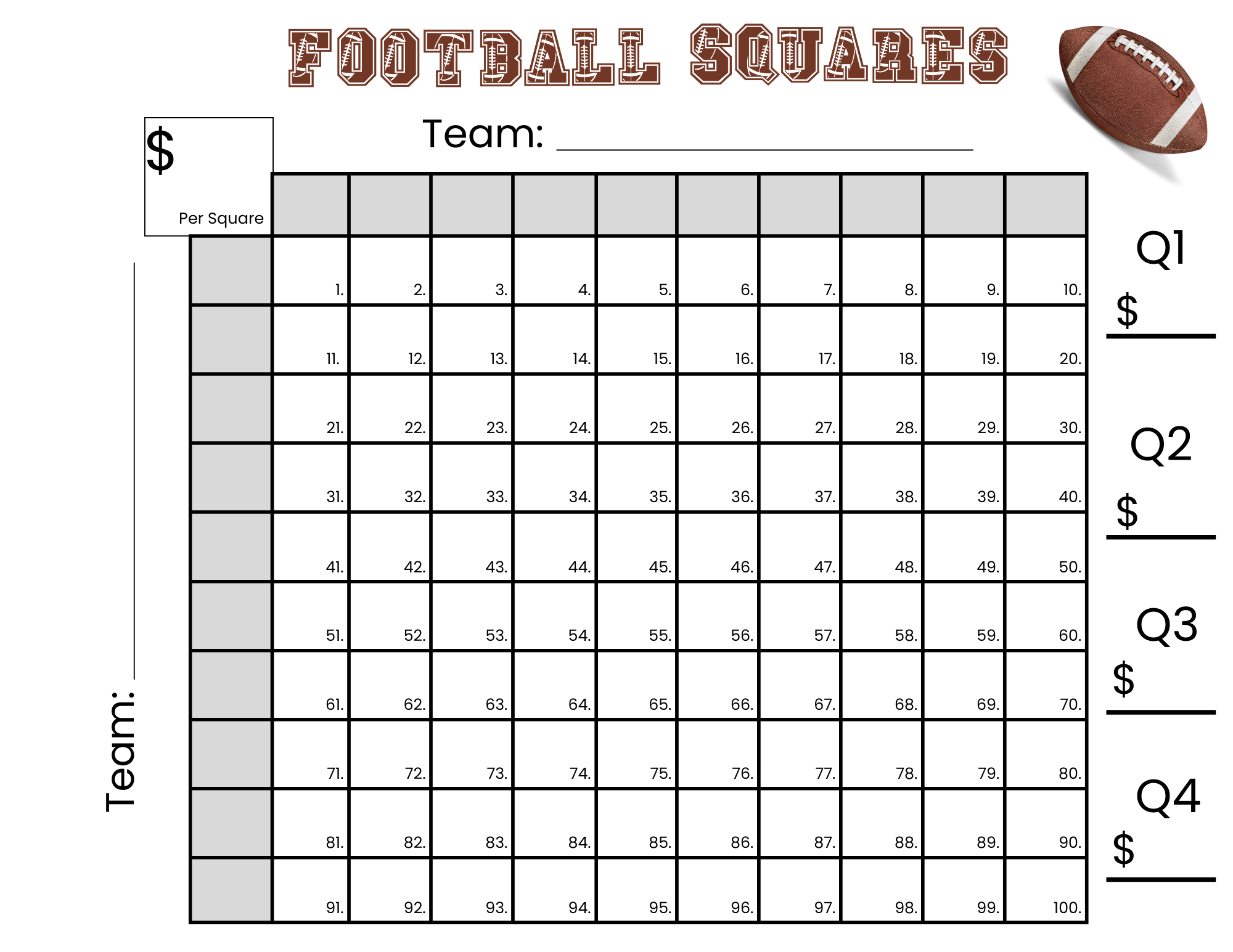 100 Football Squares Game Printable 10×10 Football Squares pertaining to Free Printable Football Squares 100 Numbered