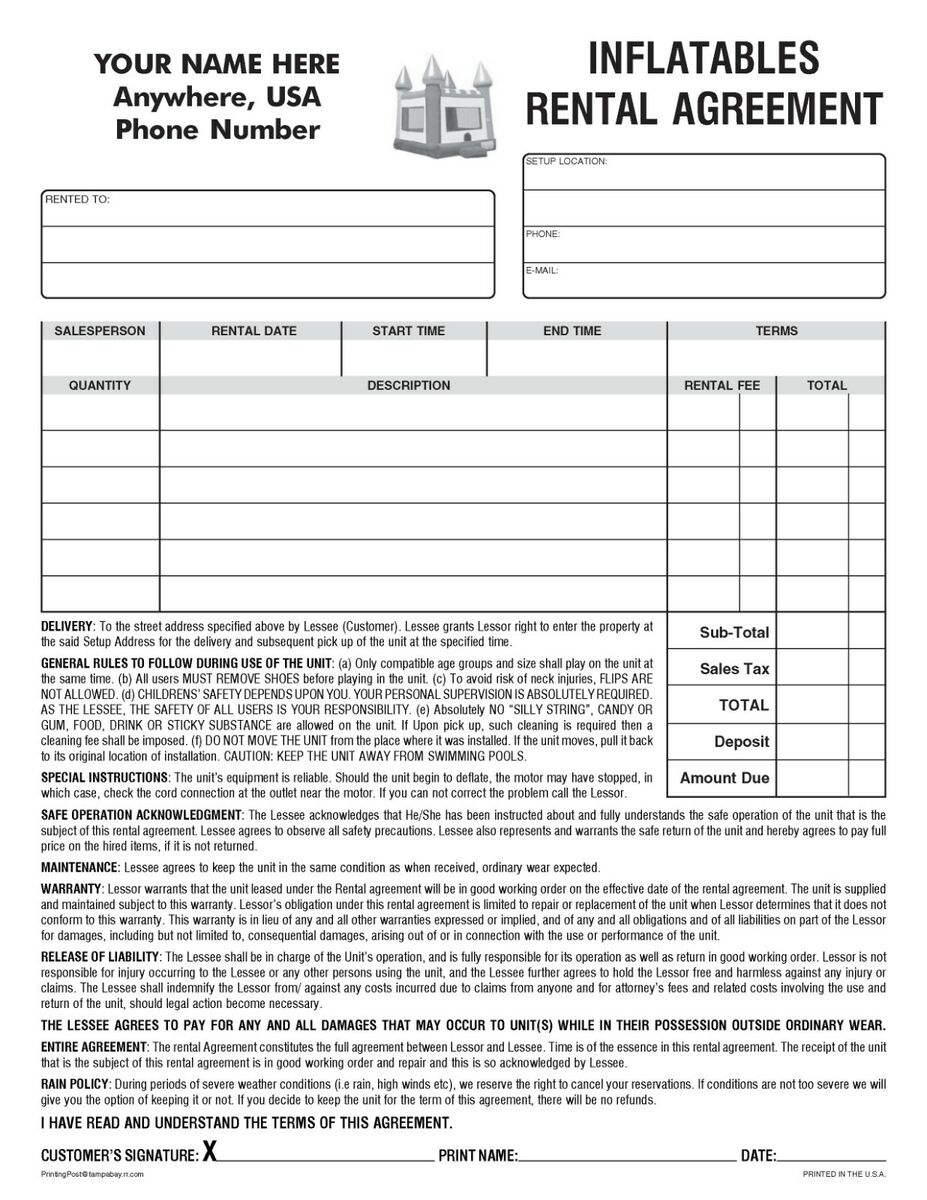 100 Inflatables Bounce House Party Rental Agreement 2-Part Forms inside Printable Bounce House Rental Agreement