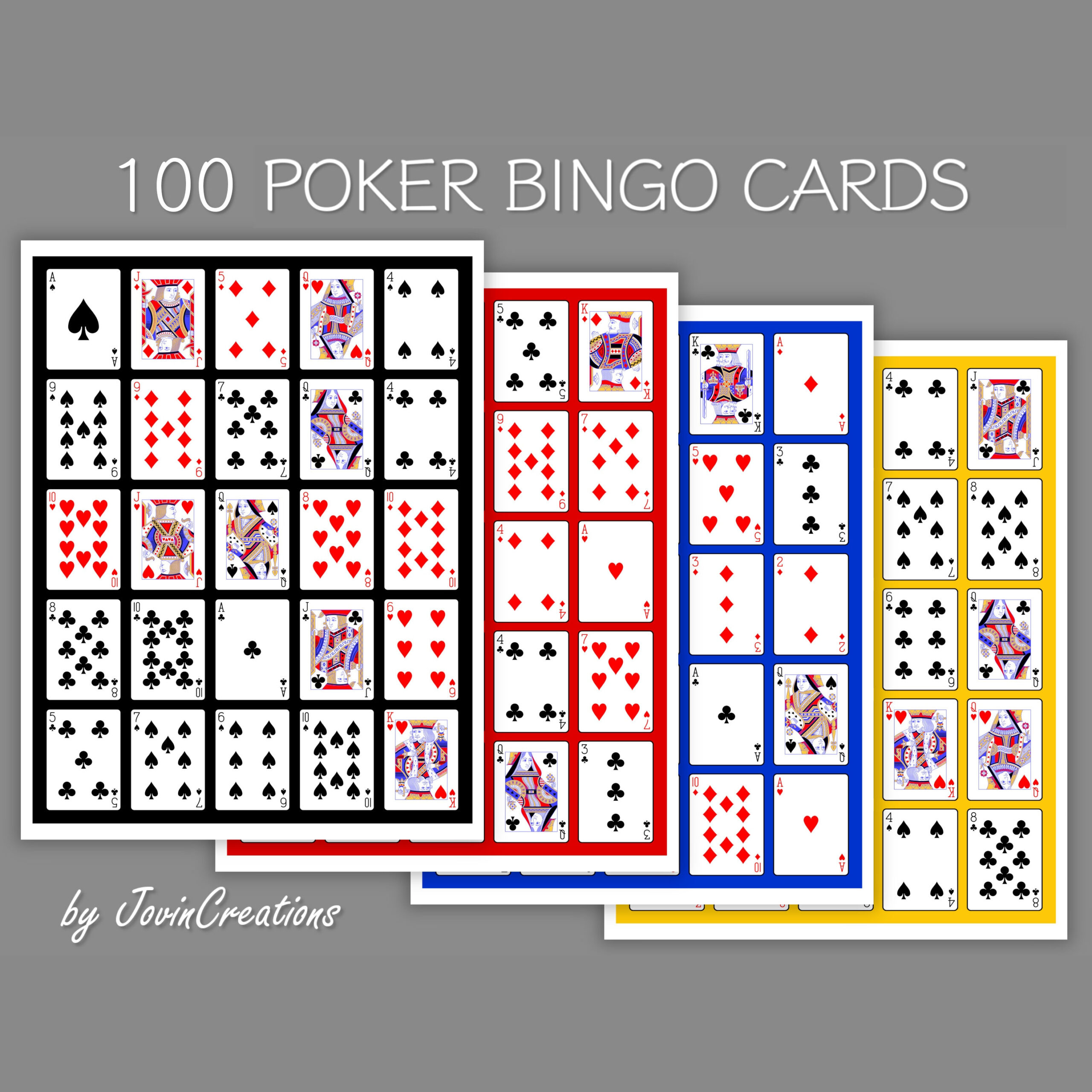 100 Poker Bingo Cards Set 3, 4 Colors, Pdf Download, Instant in Deck Of Cards Bingo