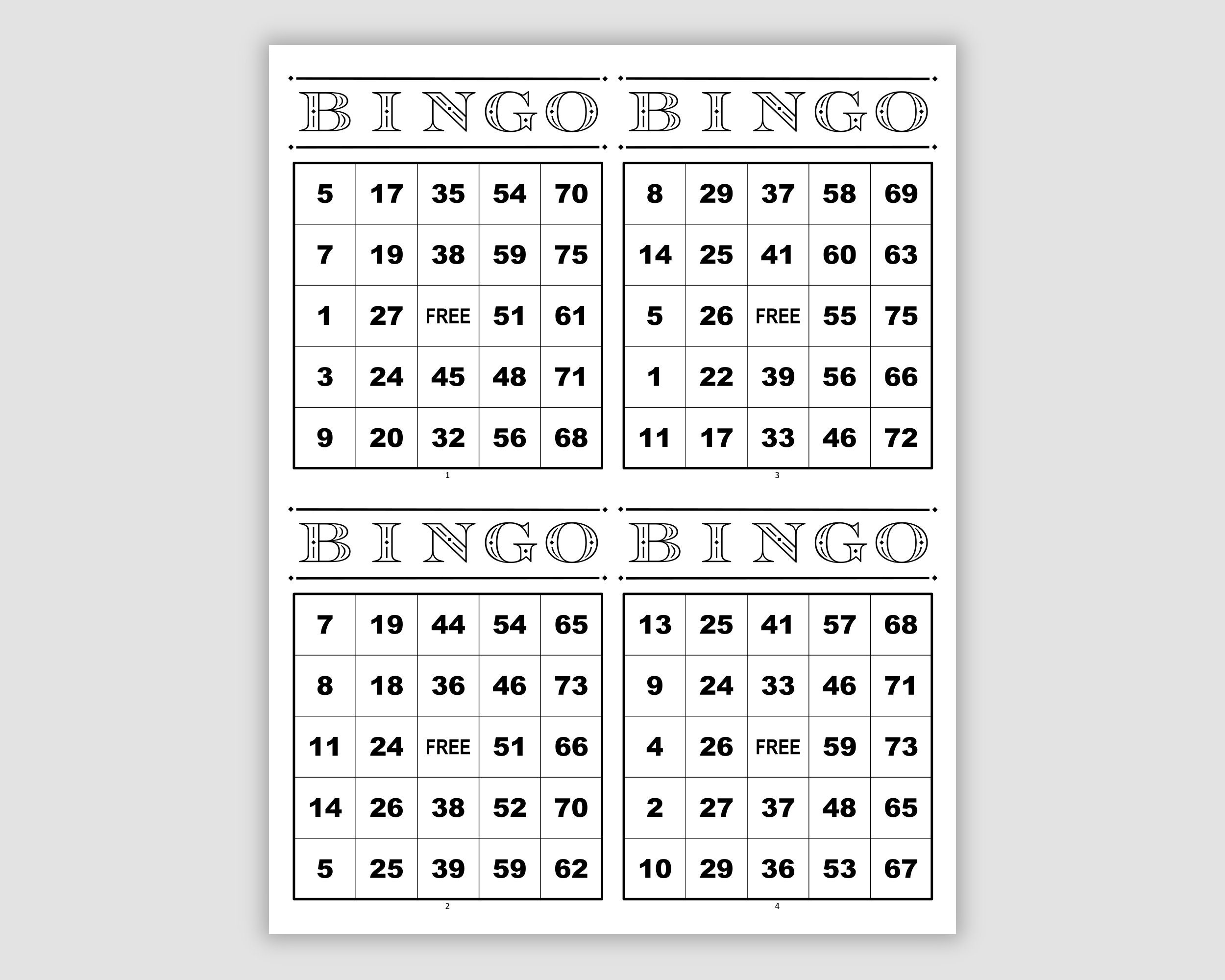 1000 Bingo Cards Pdf Download, 4 Per Page, Instant Printable Fun regarding Printable Bingo Cards 4 Per Page