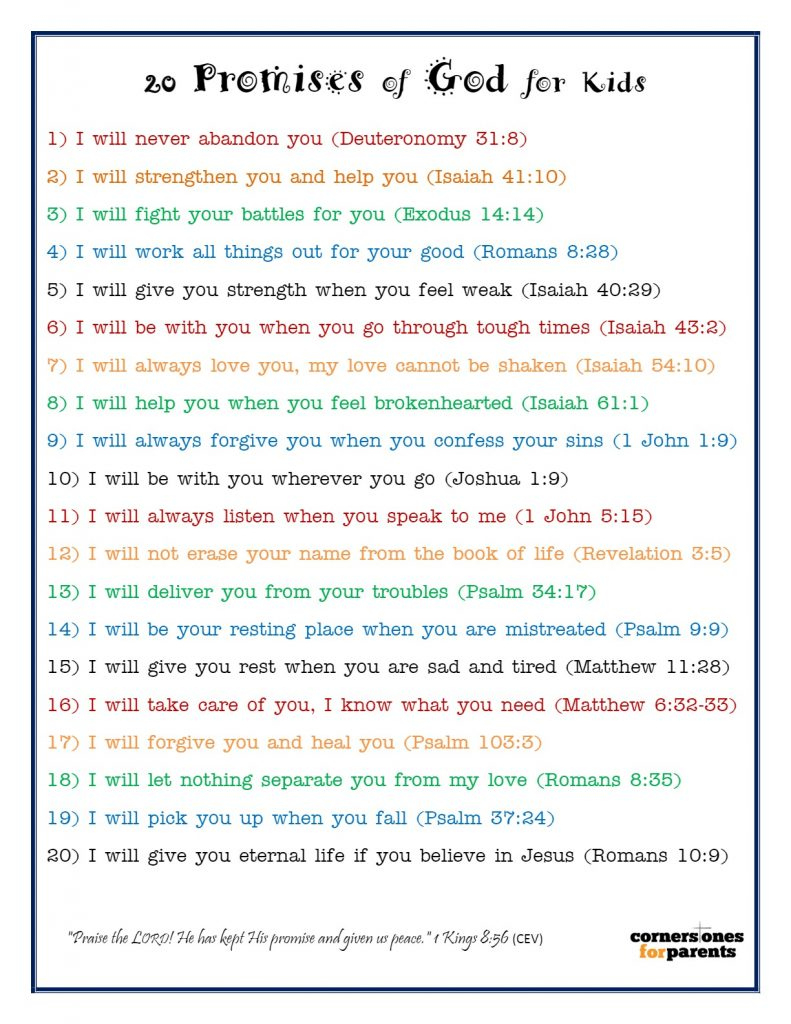 20 Promises Of God For Kids | Cornerstones For Parents regarding Printable 7 Promises Of God
