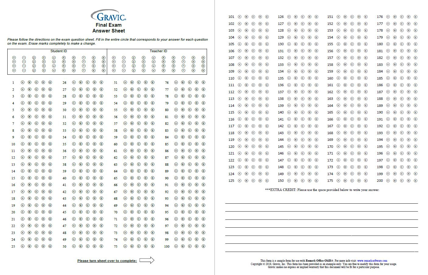 200 Question Test Answer Sheet With Extra Credit And Grid Id within Free Printable Scantron Sheet