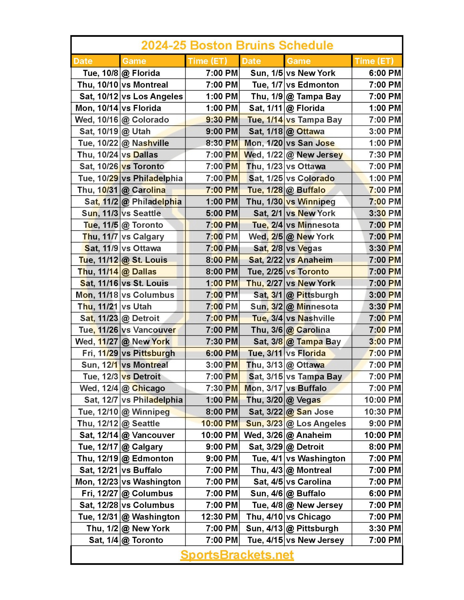 2024-25 Boston Bruins Schedule; Printable, Pdf Format - Sports intended for Boston Bruins Schedule 2025 24 Printable Free
