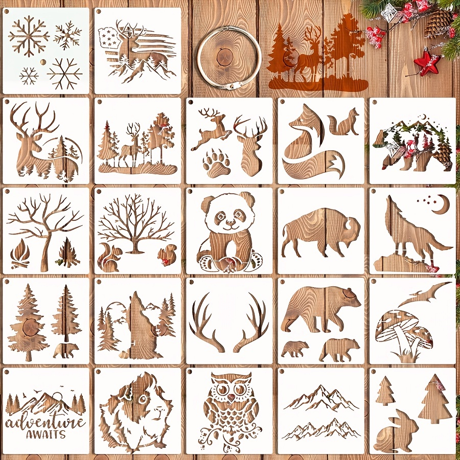 22Pcs Forest Wildlife Animal Stencils, Bear Wolf Deer Pine Tree Stencils Template Reusable Mountain Panda Winter Wood Burning Stencils For Painting On with regard to Free Printable Wildlife Wood Burning Patterns