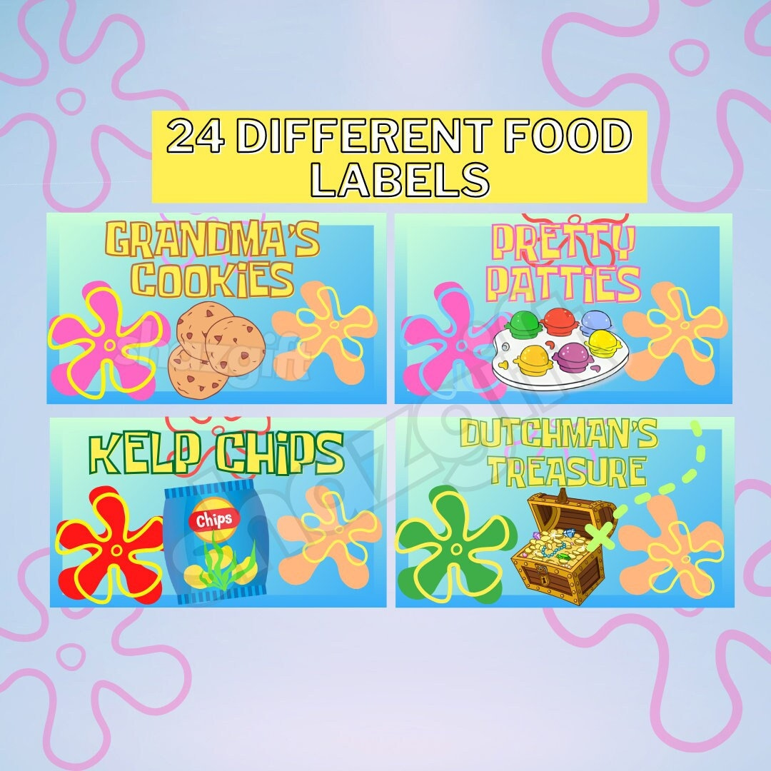 24 Food Tent Labels Dessert Birthday Party Decor Template Under pertaining to Free Printable Spongebob Food Labels