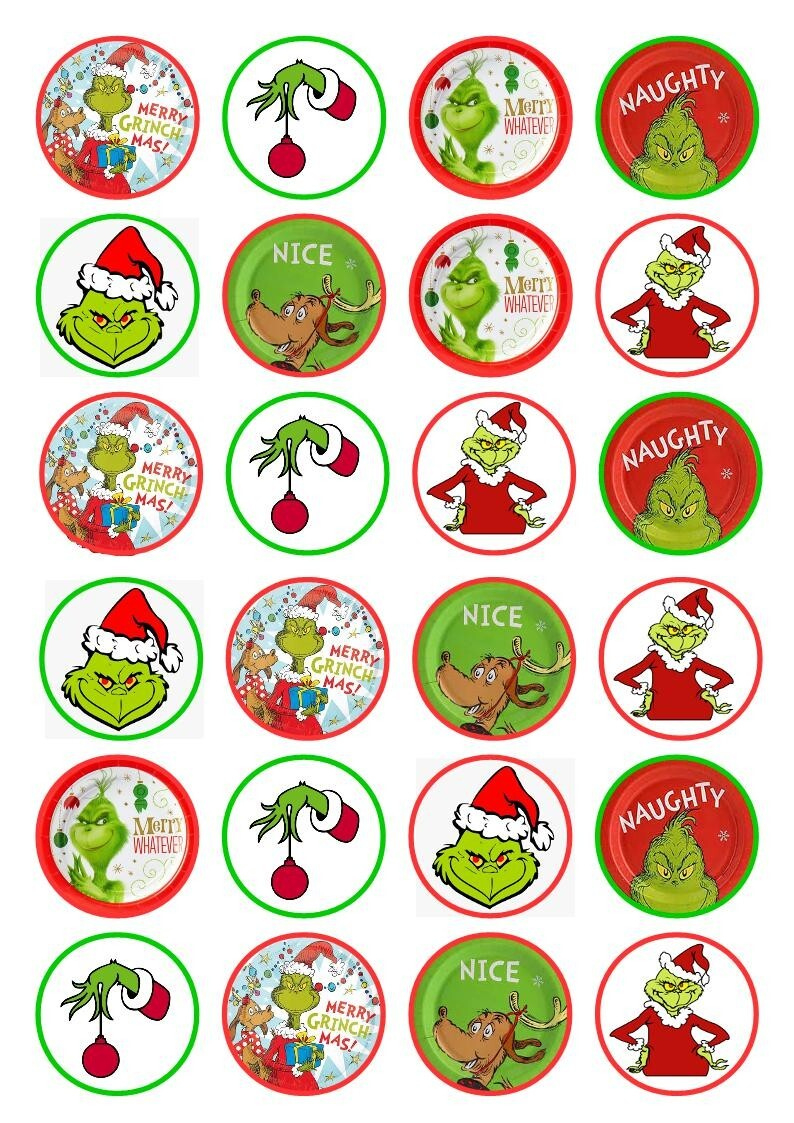 24 The Grinch Christmas Cupcake Cake Toppers Edible Wafer Paper in Free Printable Grinch Cupcake Toppers